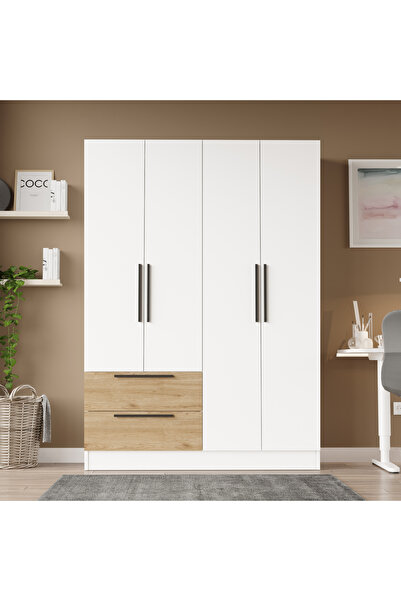 Yurudesign Nexus 4 Kapaklı 2 Çekmeceli Gardırop Elbise Dolabı Sepet-Beyaz NS4-SW