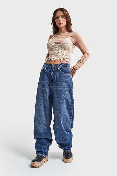 its basic Blugi de damă, culoare albastră, 2W4-5, cu potrivire super largi, 100% bumbac, blugi din denim cu talie medie super lungi