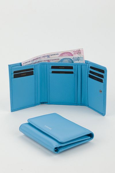 Fossil Boxed Genuine Leather Sky Blue Women's Hand Portfolio Card Holder Wallet