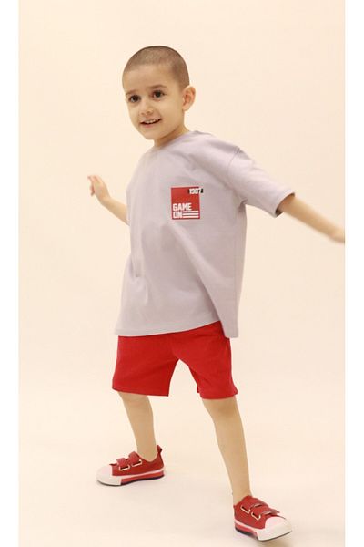 BALKABAĞI Gameon Boy's Summer Set - Gray T-Shirt and Red Shorts (2-9 Years) Mtye0055