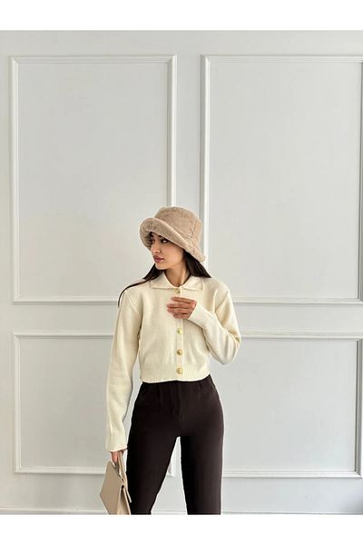charm butik Γυναικείο πλεκτό πουκάμισο με χρυσό κορδόνι με γιακά Crop Ζακέτα