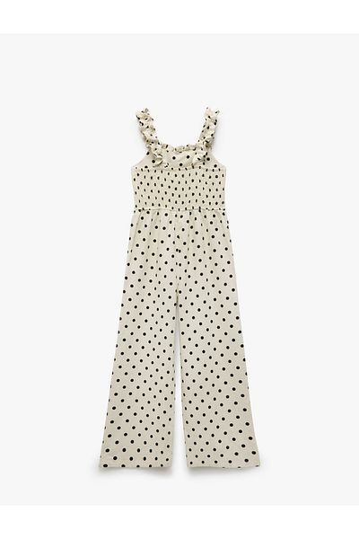 Koton Polka Dot Square Neck Linen Blended Strap Long Jumpsuit