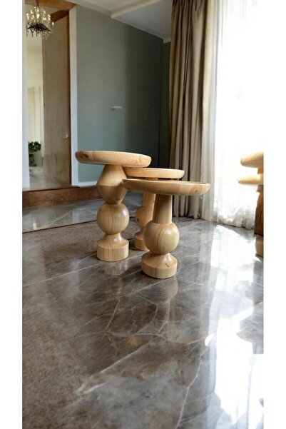 Simillo Home&Living 3'lü Set Ahşap Fitilli Mantar Yan Sehpa Modern Fiskos Nat...