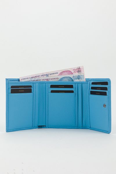 Fossil Boxed Genuine Leather Sky Blue Women's Hand Portfolio Card Holder Wallet