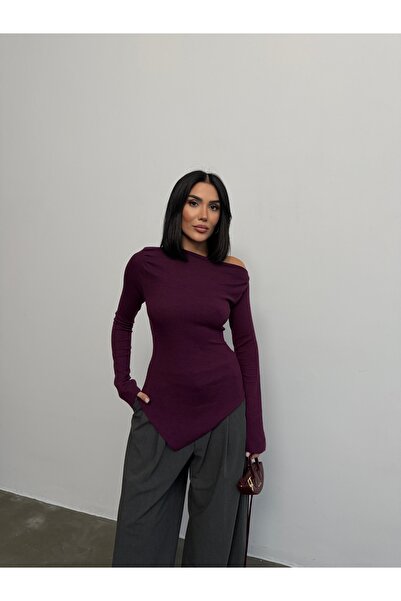 Ladima Bluză de damă tricotată din lycra asimetrică, drapată cu prune