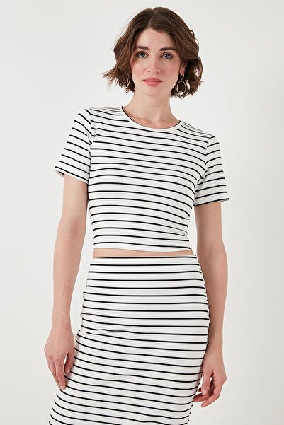 Lela Crew Neck Striped Slim Fit Midi Skirt Crop Suit - Suit 5866132