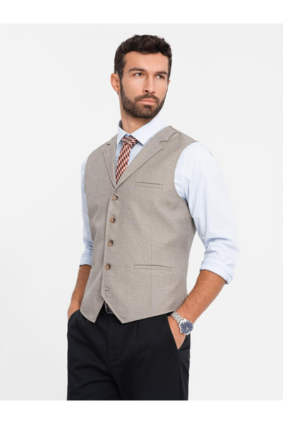 OMBRE Men's Beige Suit Vest with Collar - beige V3 OM-BLZV-0109 XL