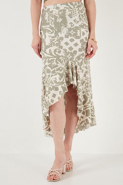 Lela Regular Fit Patterned High Waist Flounce Midi Length Slit Skirt Skirt 5869013