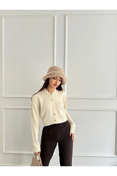 charm butik Γυναικείο πλεκτό πουκάμισο με χρυσό κορδόνι με γιακά Crop Ζακέτα