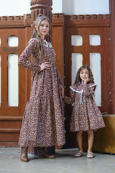 KÜÇÜĞÜM BUTİK Hijab μακρυμάνικο Vintage φορητό γιακά καφέ λουλουδάτο διπλό συνδυασμός μητέρας-κόρης (ΠΩΛΕΙΤΑΙ ΜΟΝΟ)