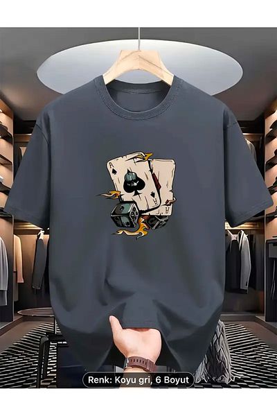 NEW TRENDY COLLECTİON Oversize Cotton New Season Black and White Colored T-Shirt with Invisible Ace and Dice Pattern