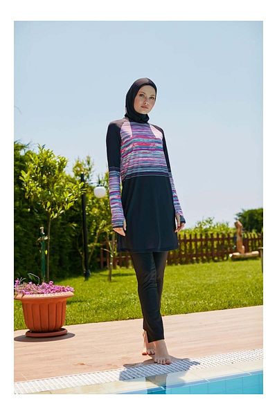 MAYOU Colorful Striped Sports Hijab Swimsuit with Finger Sleeves - Black - Mayou
