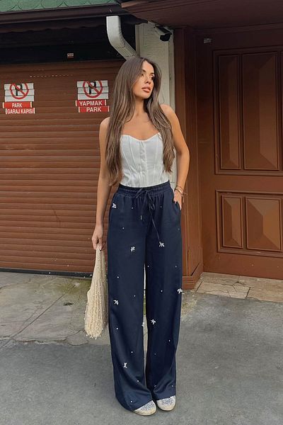 XHAN Navy Blue Stoned Palazzo Trousers 6Yxk5-49086-14