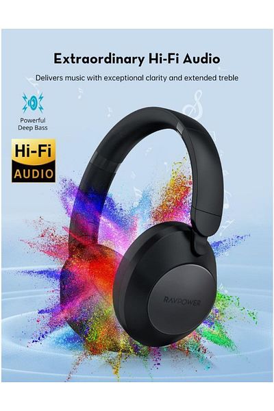 RavPower Over-Ear Wireless Stereo Headphones, ANC & ENC Noise Cancelling, 55H Battery Life, Foldable Design