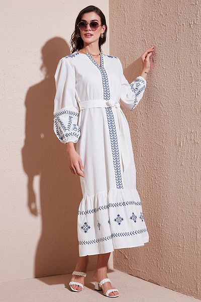 Lela Βαμβακερό κανονικό φόρεμα με μανίκια με κεντητό μακρύ φόρεμα 676202