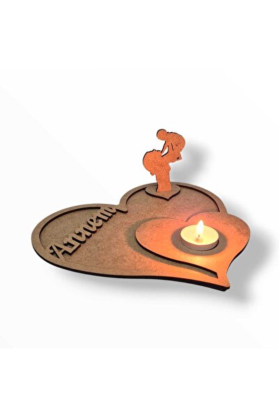 AllFayLazer Anneler Günü Hediye Annem Yazılı Ahşap Kalp Temalı Mumluk Çocuk E...