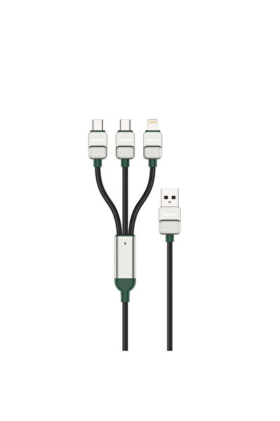 Green Lion كابل مضفر مطلي بالكهرباء 3 في 1 من USB A إلى C+C+L بطول 1.2 متر - أسود وأخضر