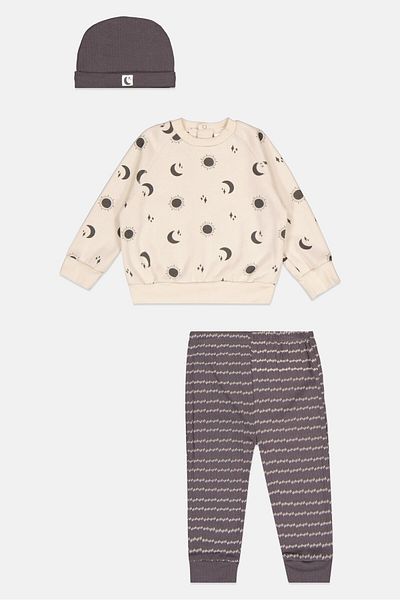 Lily & Jack Toddlers Boy 3 Pcs Graphic Print Sweatshirt And Bottom With Beanie, Beige
