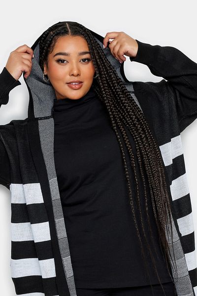 Stil Diva Large Size Long Sleeve Pocket Hooded Striped Knitted Cardigan302793