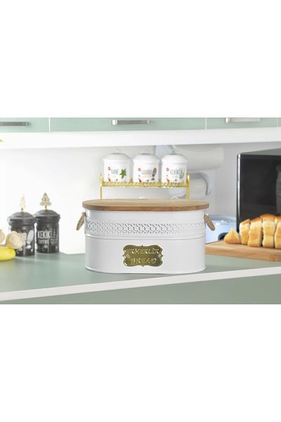 Evistro Metal Bread Bowl with Wooden Lid and Wicker Handle Bread Box White
