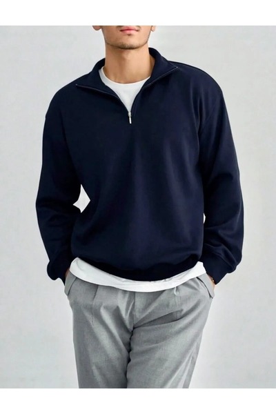FECCY Unisex Yarım Fermuarlı Baskısız Sweatshirt