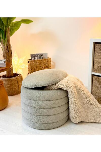 WEBPANYA Geniş Oturum Alanlı Handmade Teddy Kumaş Sandıklı Silindir Dekoratif Puf Orta Sehpa