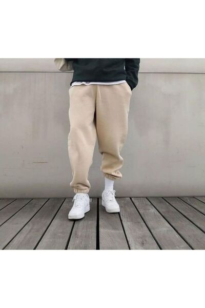THE WHITE Men's Beige Color Raised Rubber Track Pants with Fleece Inside