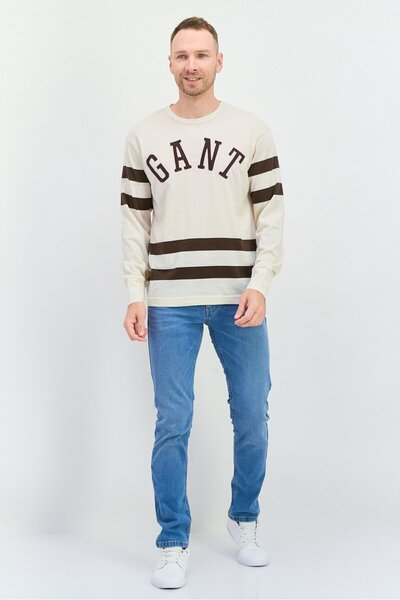 Gant Men Crew Neck Long Sleeves Brand Logo T-Shirt, Cream Combo