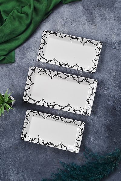 Piatti Naturali 3-Piece Marble Pattern Handmade Ceramic Breakfast Salad Presentation Snack Bowl Set Boat Plate Set