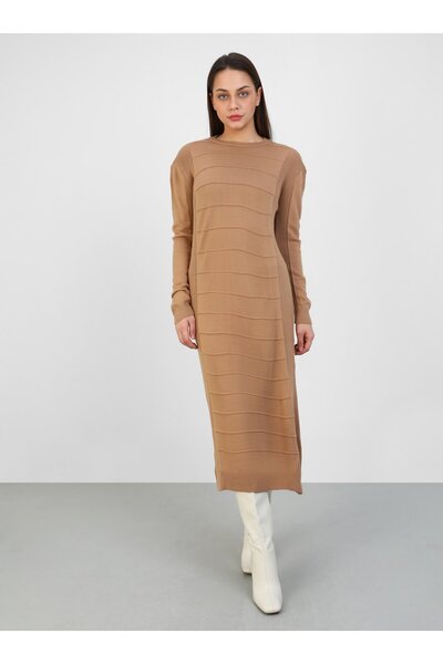 Por La Cara Execution Patterned Ribbed Long Knitwear Dress - Biscuit -