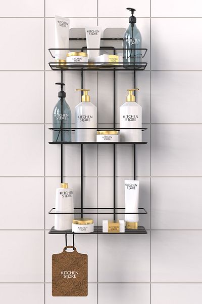 Kitchen Store 3-Tier Shower Shelf with Adhesive & 2 Washcloth Hooks – Bathroom Organizer Shampoo Holder