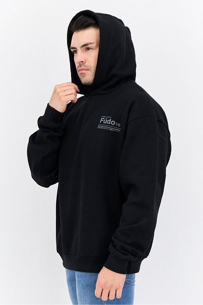 Fudo Men Hooded Brand Logo Long Sleeves Sweatshirt, Black