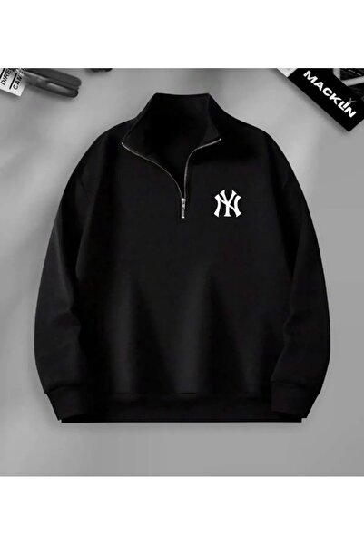 FECCY Unisex Half Zippered Ny Printed Black Sweatshirt