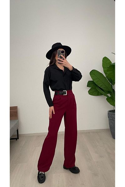 Nazline Women's Leather Detailed Pleated Long Double Fabric Wide Leg Pants