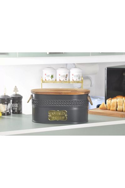 Evistro Metal Bread Bowl with Wooden Lid and Wicker Handle Bread Box Anthracite