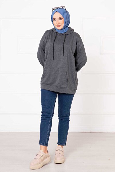 EBRUTESETTÜR Kanguru Cepli Tesettür Sweatshirt Koyu Gri