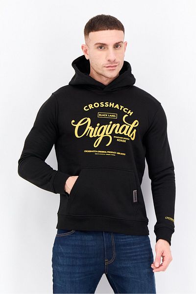 Crosshatch Men Hooded Graphic Print Long Sleeves Sweatshirt, Black