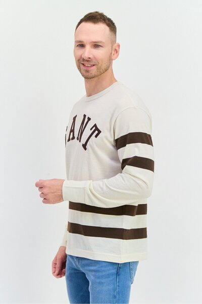 Gant Men Crew Neck Long Sleeves Brand Logo T-Shirt, Cream Combo