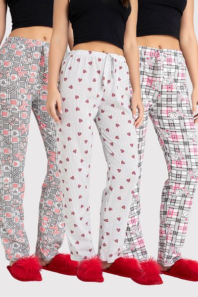 DONEX 3 Pack Two Yarn Fabric Ribbon Waist Detail Printed Women's Sleepwear Bottom Pack Without Pockets