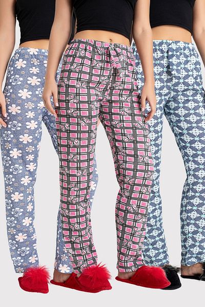 DONEX 3 Pack Two Yarn Fabric Ribbon Waist Detail Printed Women's Sleepwear Bottom Pack Without Pockets