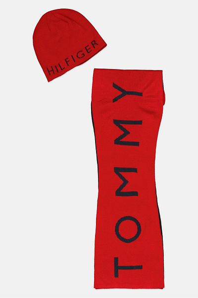 Tommy Hilfiger Men Brand Logo Beanie And Scarf Set, Red