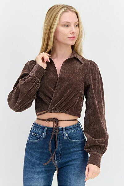 En Saison Women Surplice Neckline Long Sleeves Textured Blouse, Dark Brown