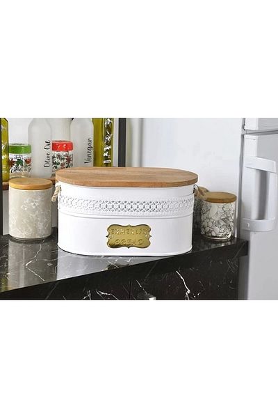 Evistro Metal Bread Bowl with Wooden Lid and Wicker Handle Bread Box White