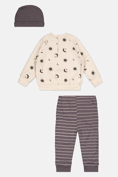 Lily & Jack Toddlers Boy 3 Pcs Graphic Print Sweatshirt And Bottom With Beanie, Beige