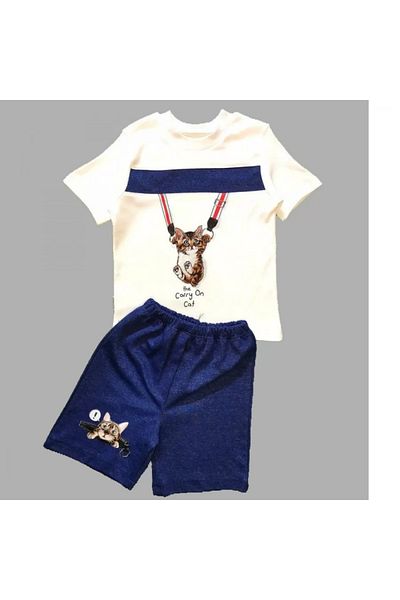 emosavm Baby Boy's Cat Printed Zippered Shorts and Short Sleeve T-Shirt Set of 2 - Indigo