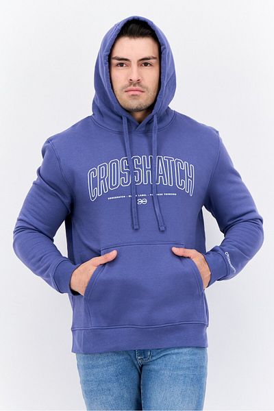 Crosshatch Men Hooded Brand Logo Long Sleeves Sweatshirt, Denim Blue
