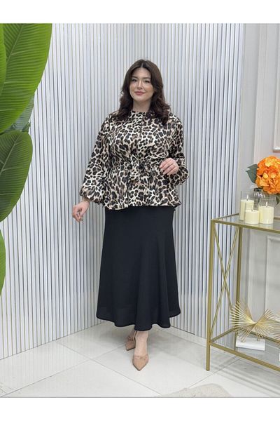GK Σετ Leopard Satin Μπλούζα με Κρεπ Φούστα