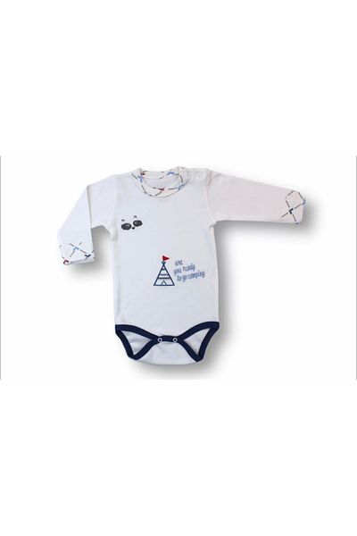 emosavm Embroidered Long Sleeve Bodysuit 3 Piece Set for Baby Boy - Ecru