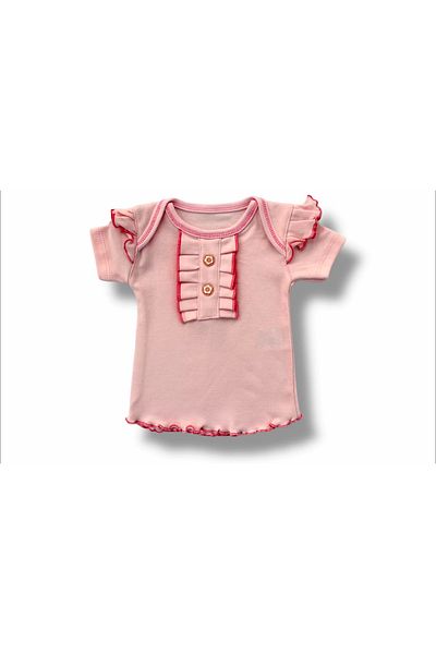 emosavm 3-Piece Sweat Set for Baby Girl - Short Sleeve Powder with Button Detail and Bandana