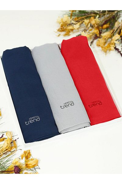 Armine Trend Crinkle Chiffon Shawl - Atskrn - Set of 3 - Navy Blue, Red, Gray